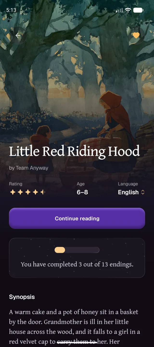 The Little Red Riding Hood story page in Anyway, showing its rating, age range and language.